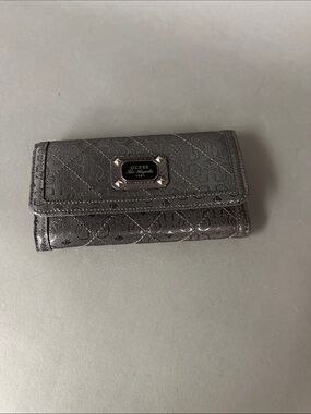 Metallic Gray Guess Logo Trifold Wallet